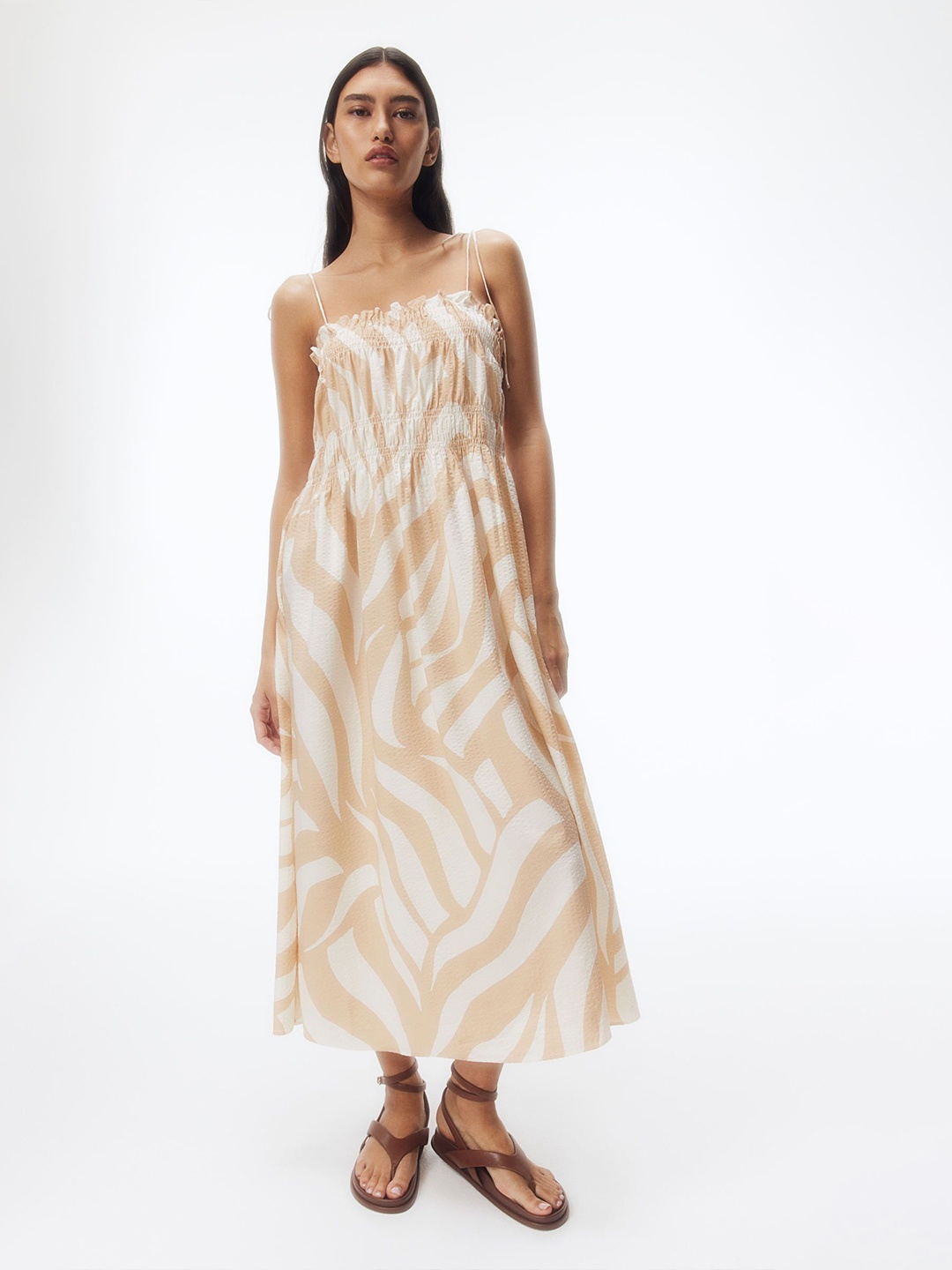 

H&M Women Smocked Tie-Strap Dress, Beige