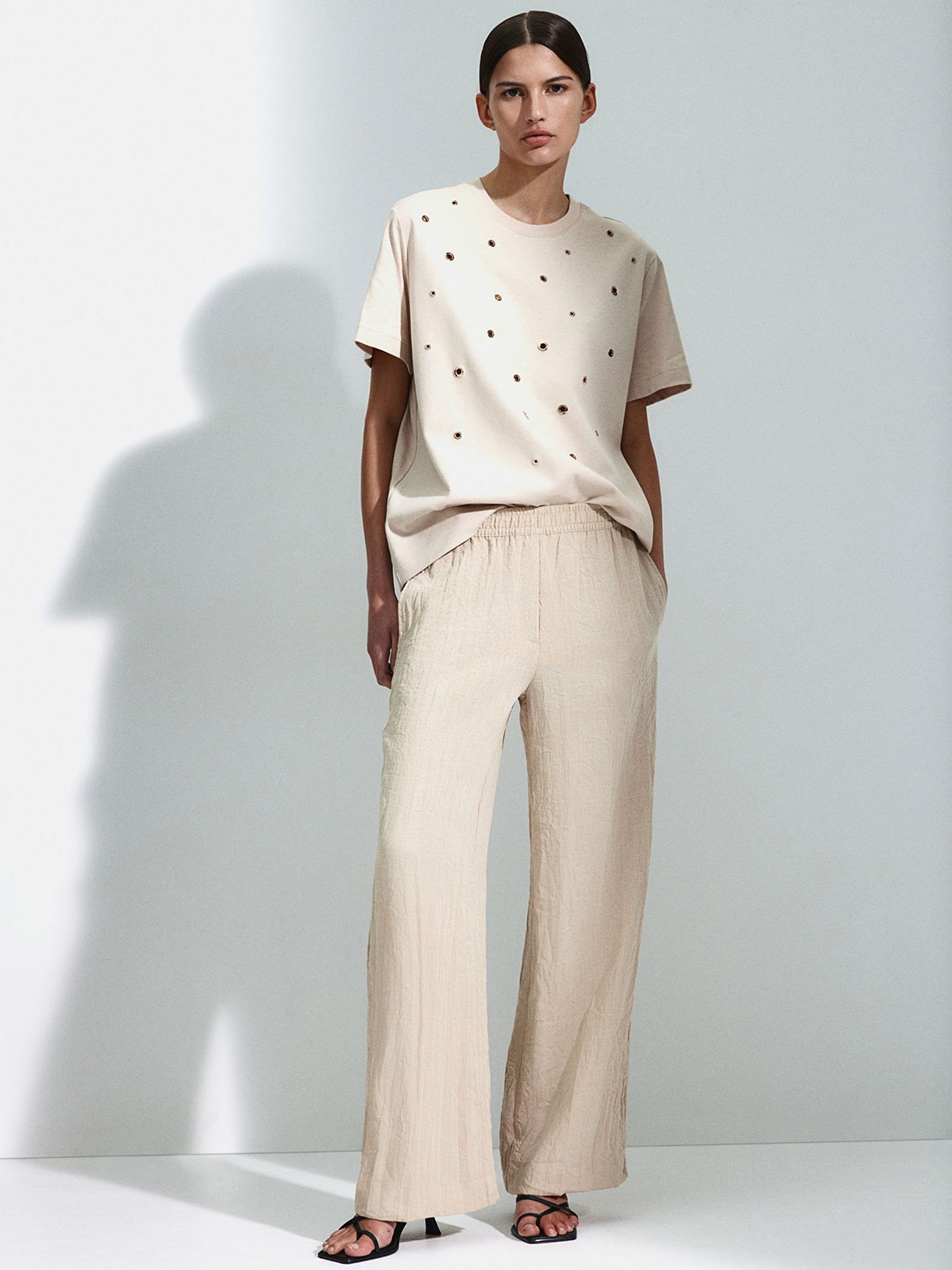 

H&M Women Wide Pull-On Trousers, Beige