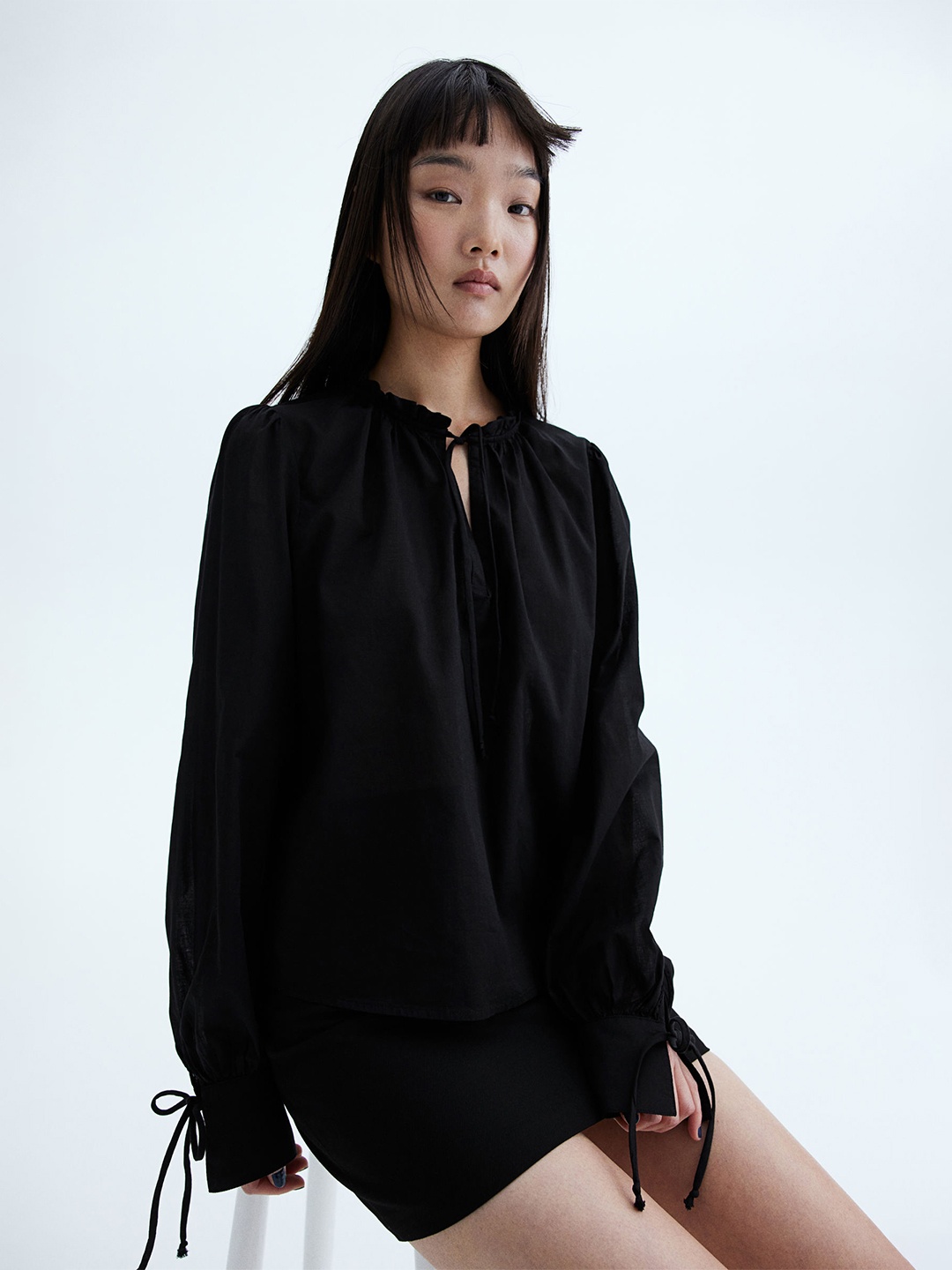 

H&M Tie-Detail Cotton Blouse, Black