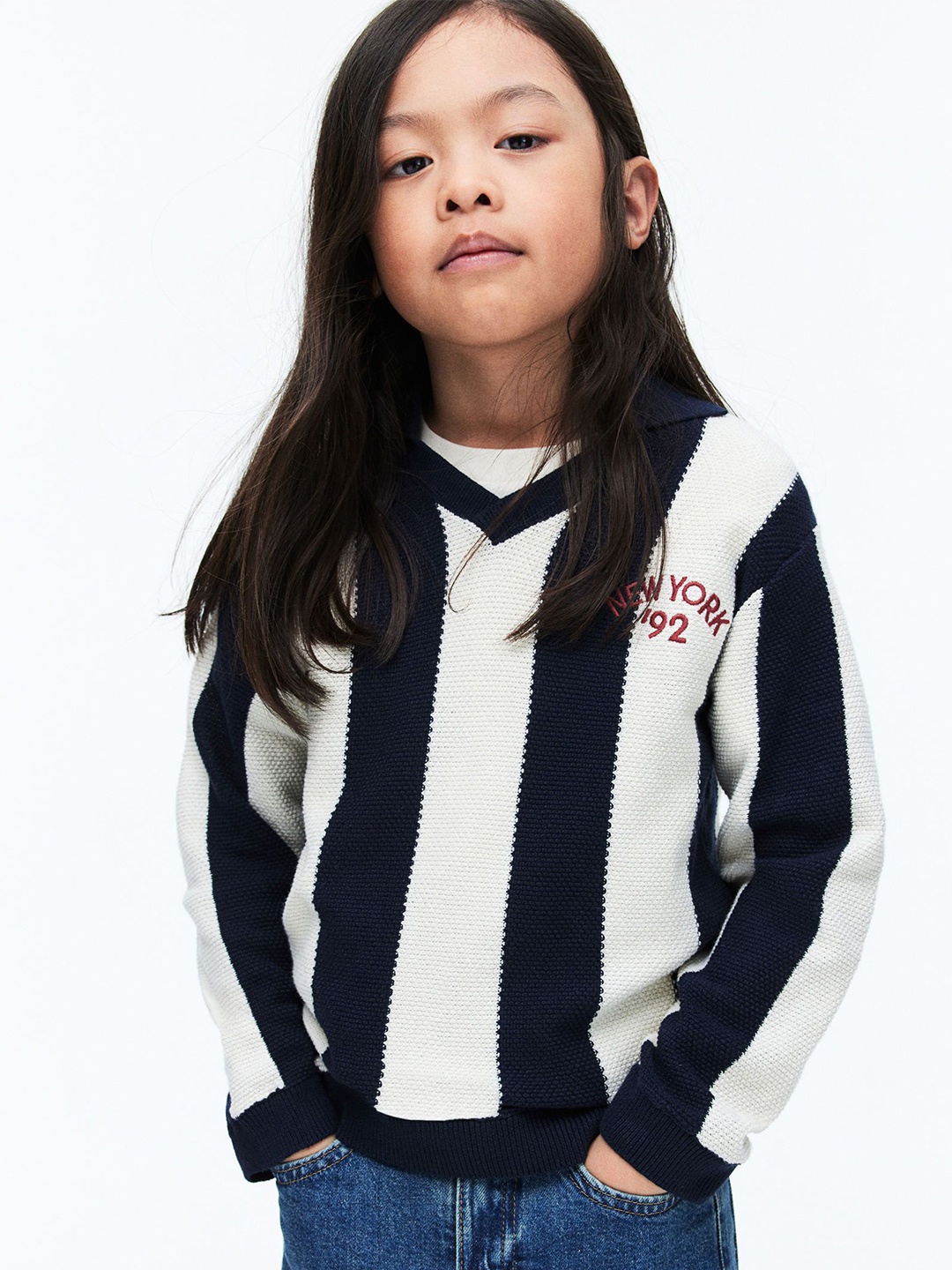 

H&M Girls Textured-Knit Polo Jumper, Blue