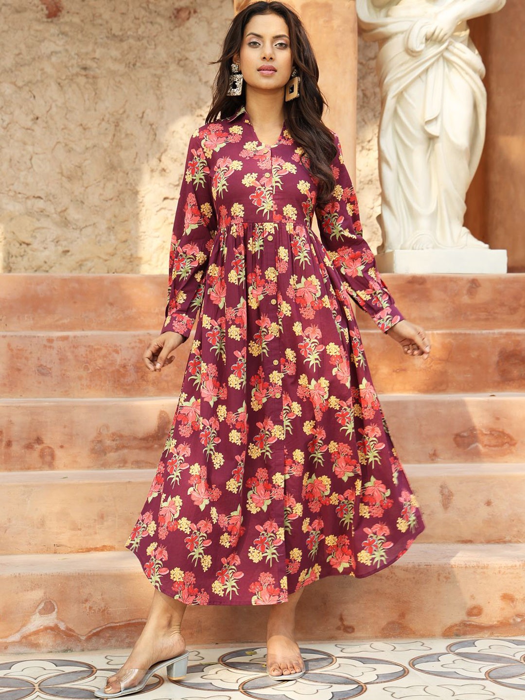 

KIMAYRA Floral Printed Shirt Collar Cotton Fit and Flare Ethnic Dress, Maroon