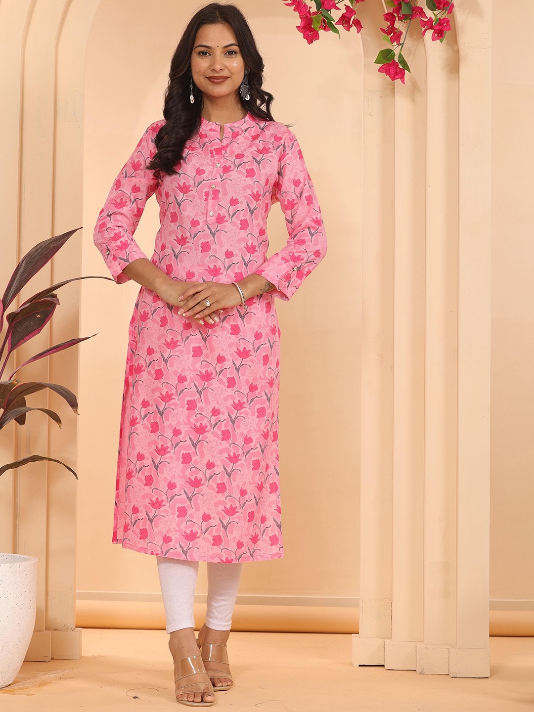 

GEKHA Floral Printed Mandarin Collar Straight Kurta, Pink