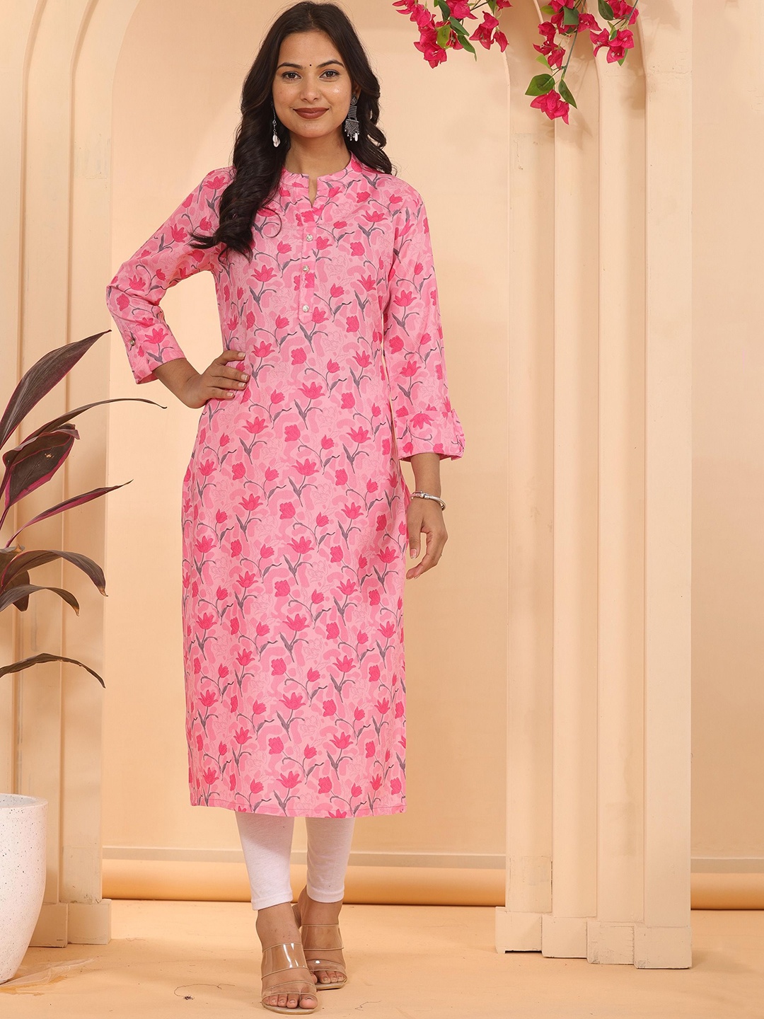 PARTHVI Floral Printed Mandarin Collar Straight Kurta, Pink