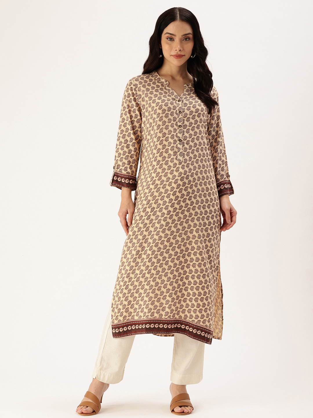 

AMUKTI Ethnic Motifs Printed Mandarin Collar Straight Kurta, Beige