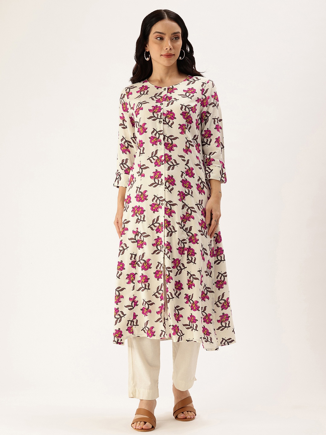 

AMUKTI Floral Printed Straight Kurta, White