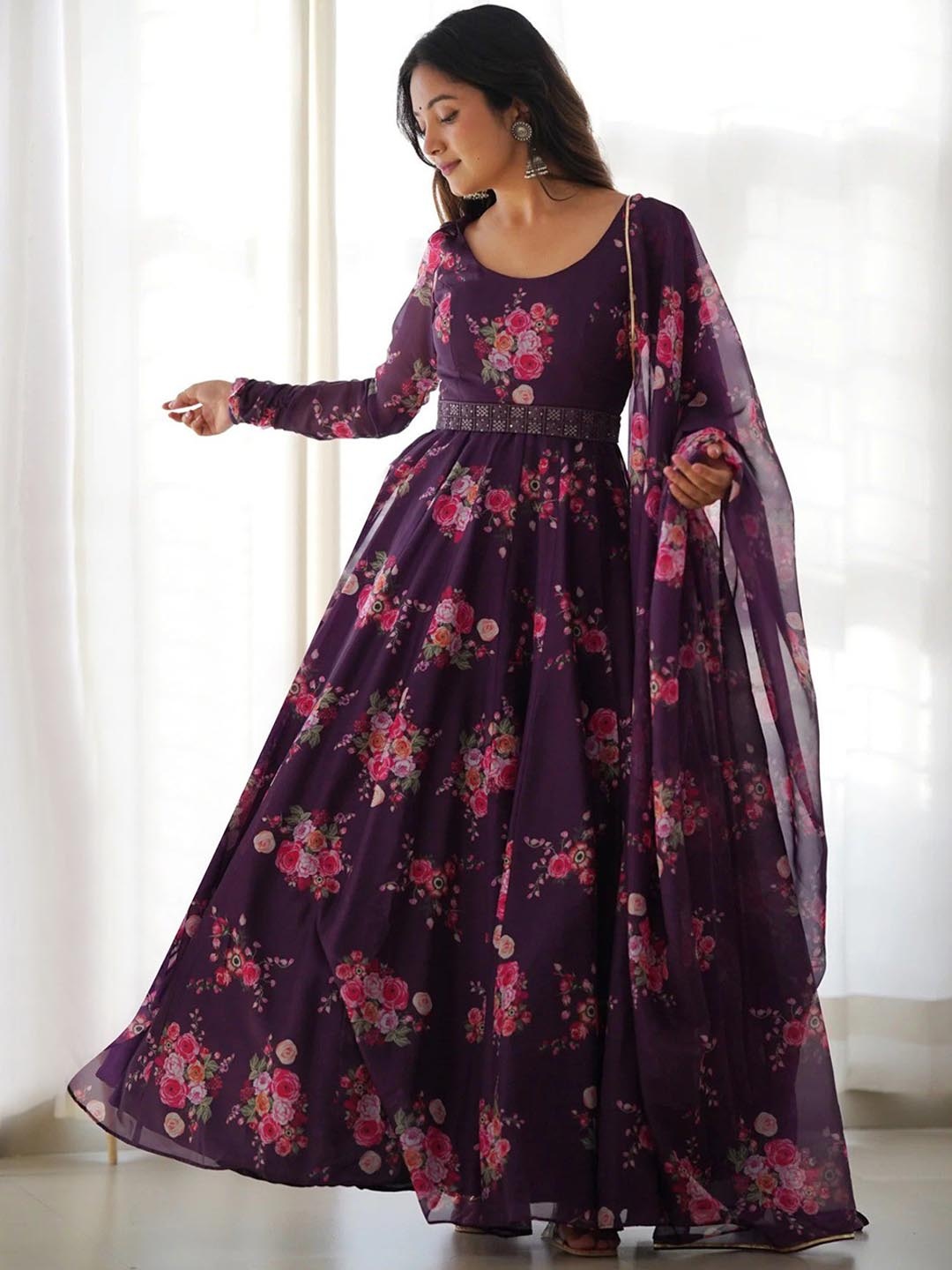 

Raiyani Enterprise Floral Printed Fit & Flare Ethnic Dress With Dupatta, Burgundy