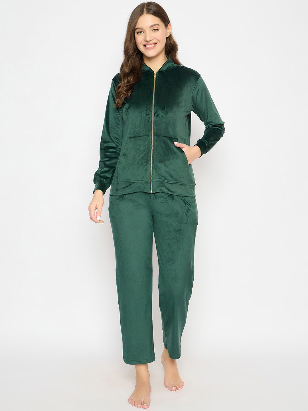 

Clovia Women Mandarin Collar Long Sleeves Night suit, Green