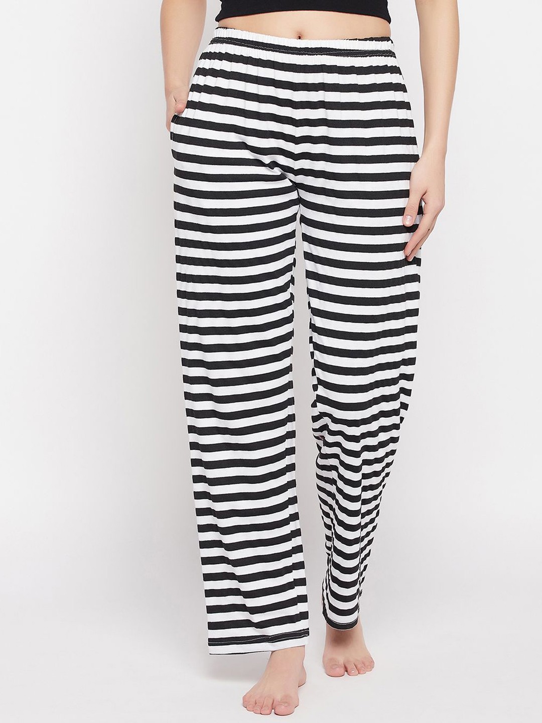 

Clovia Women Striped Cotton Lounge Pants, Black