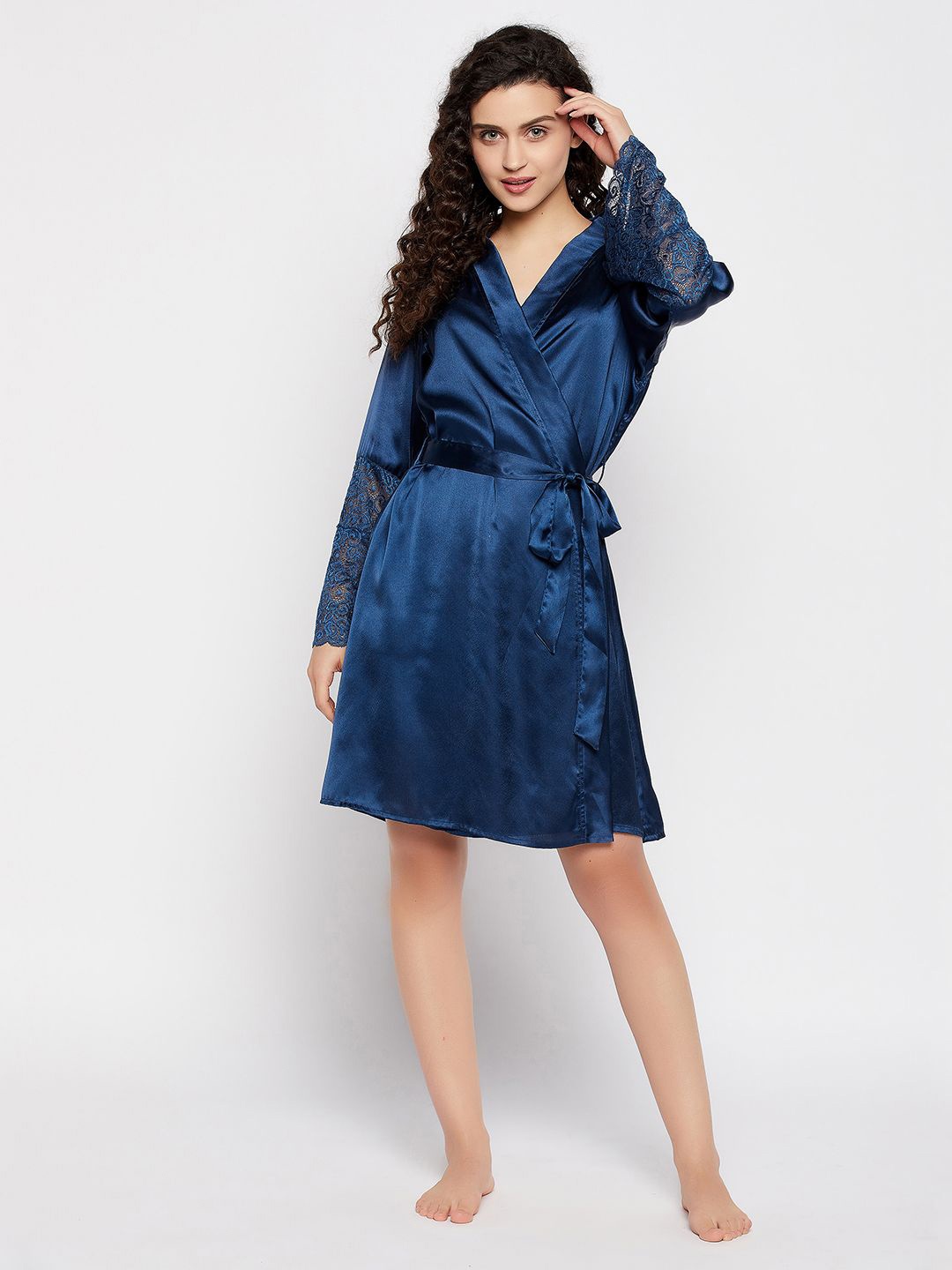 

Clovia Women Satin Long Sleeves Wrap Nightdress, Navy blue