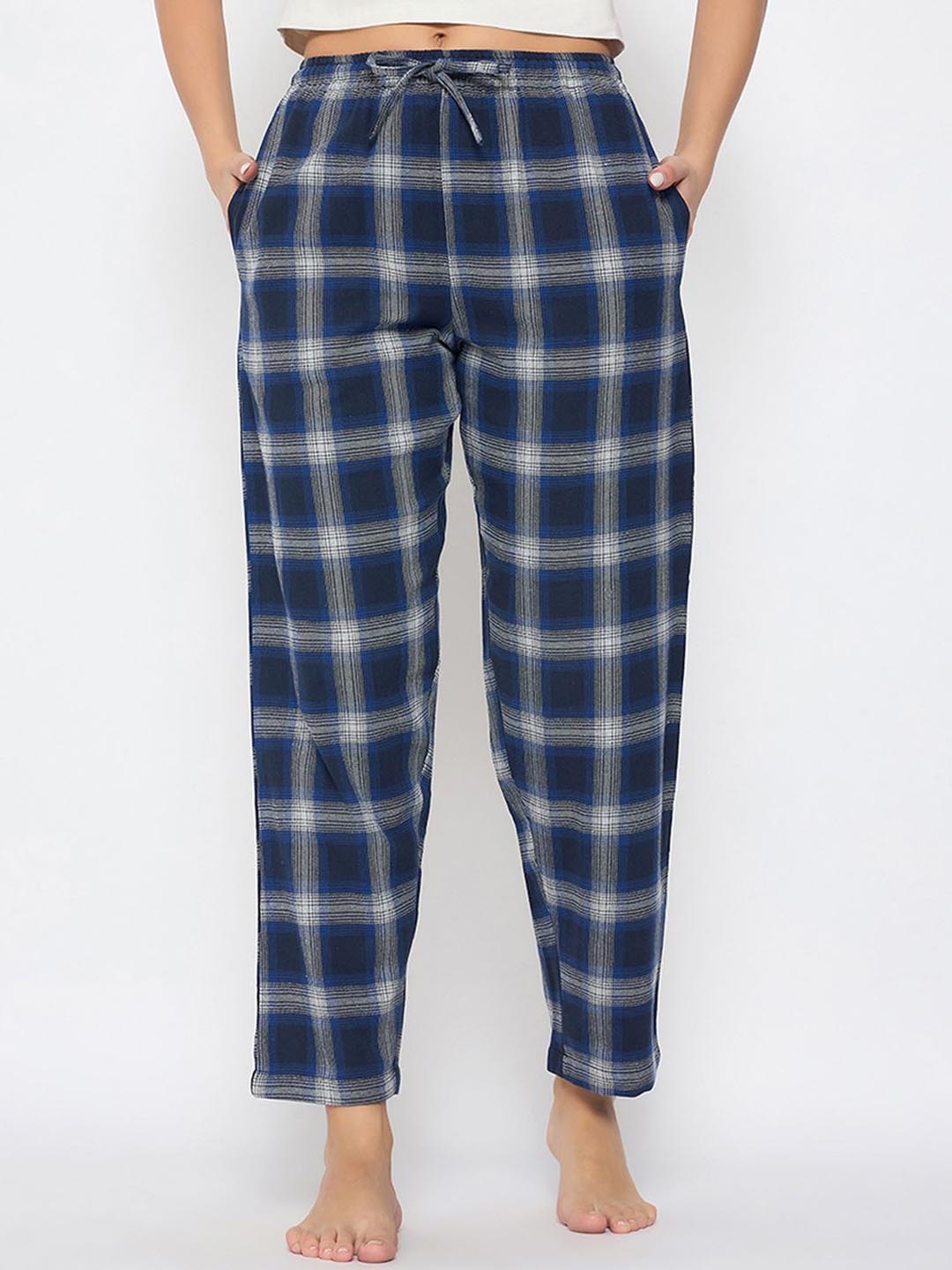 

Clovia Women Checked Organic Cotton Straight-Leg Lounge Pants, Blue