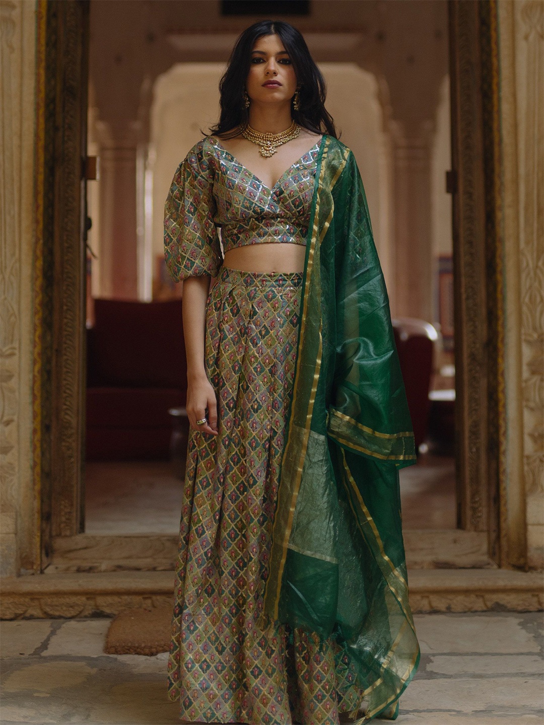 

BAARO MASI Floral Embellished Ready to Wear Lehenga With Blouse & Dupatta, Green