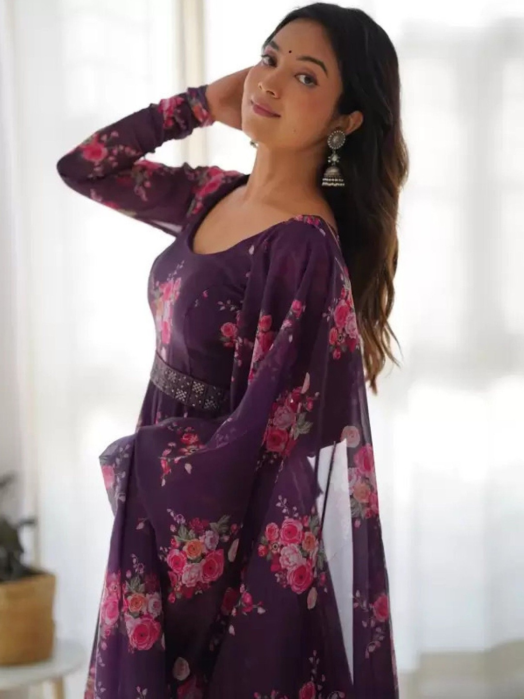 

Krunal Raiyani Floral Printed Anarkali Kurta With Dupatta, Magenta