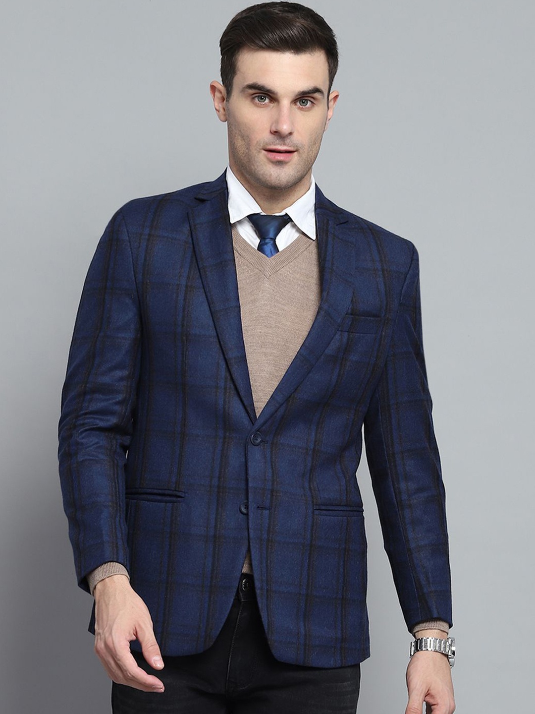 

Monte Carlo Men Checked Single-Breasted Blazer, Blue