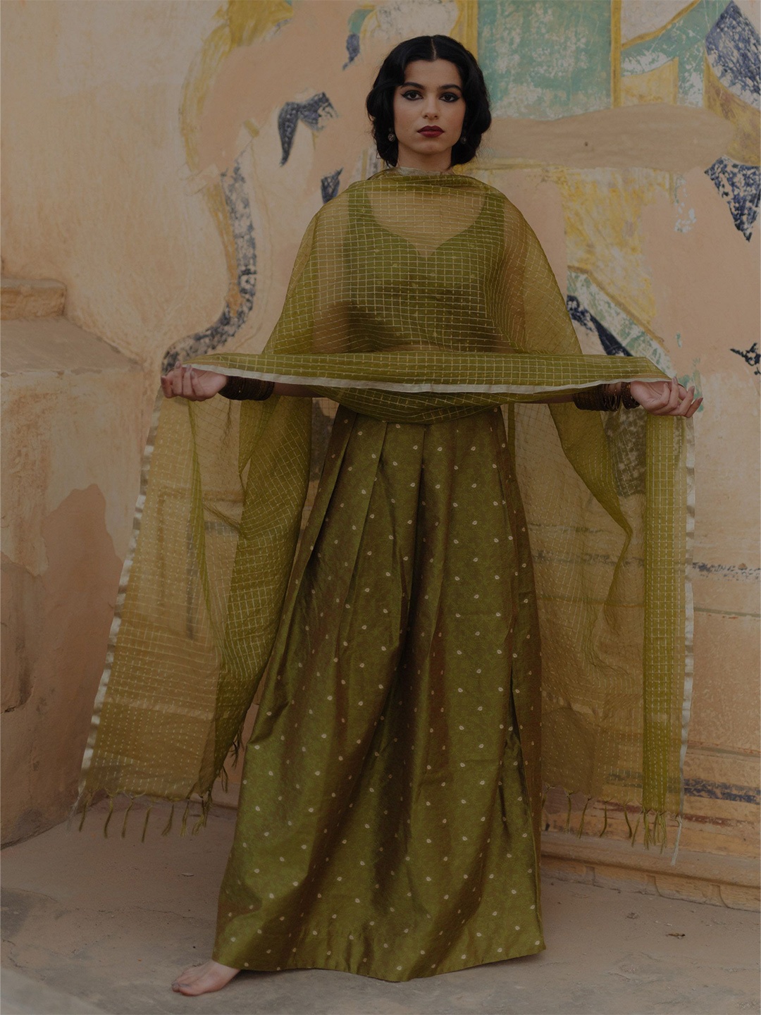 

BAARO MASI Floral Woven Design Ready to Wear Lehenga & Blouse With Dupatta, Olive