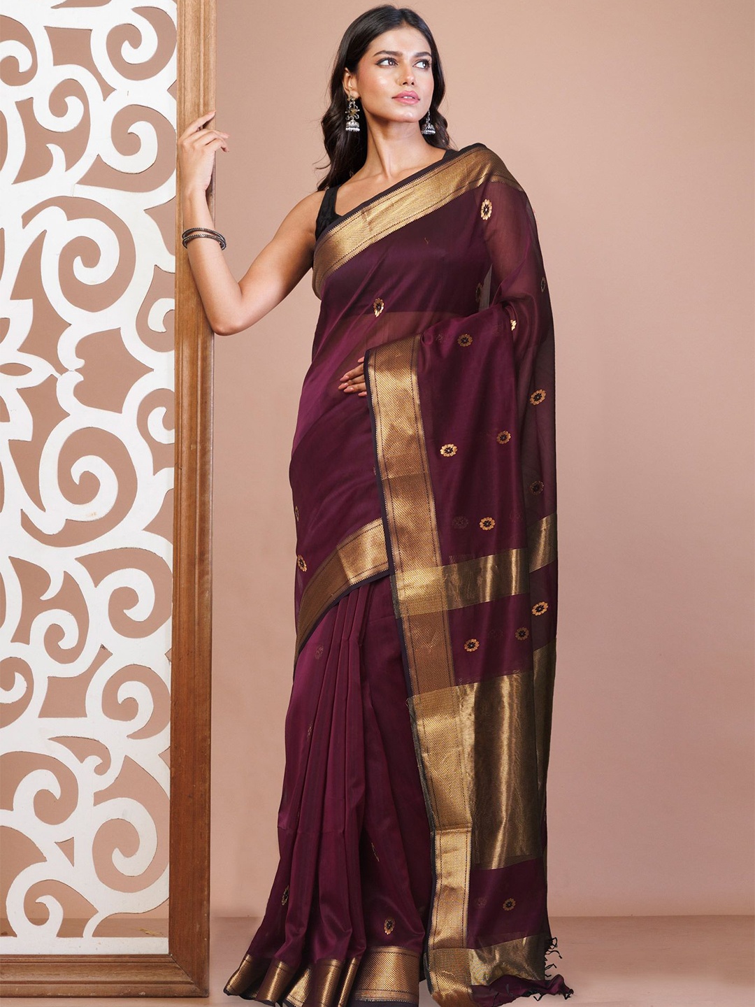 

Unnati Silks Ethnic Motifs Woven Design Zari Maheshwari Saree, Purple