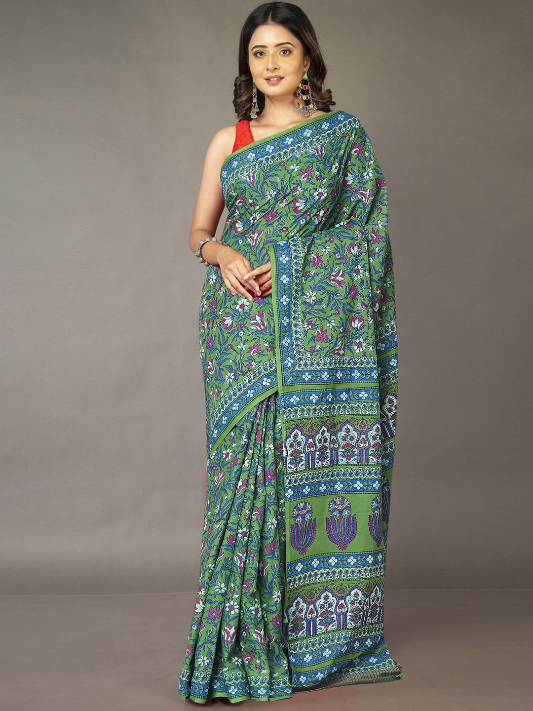 

Unnati Silks Floral Pure Cotton Handloom Block Print Saree, Green