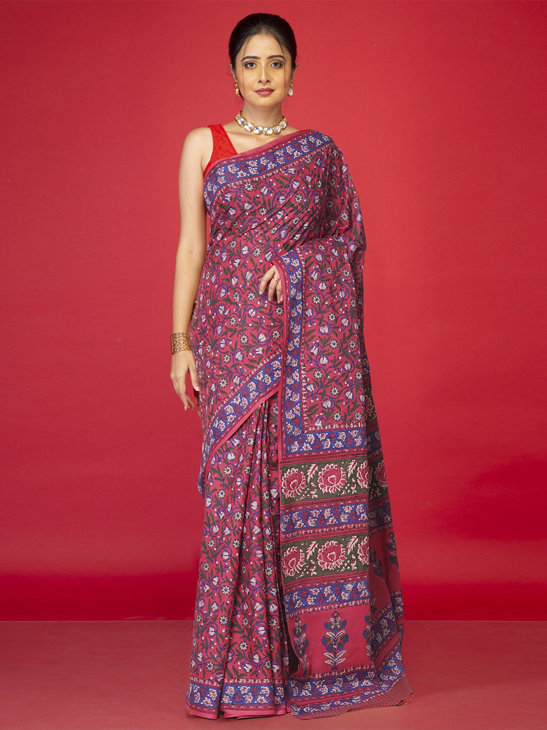 

Unnati Silks Floral Printed Pure Cotton Handloom Block Print Saree, Pink
