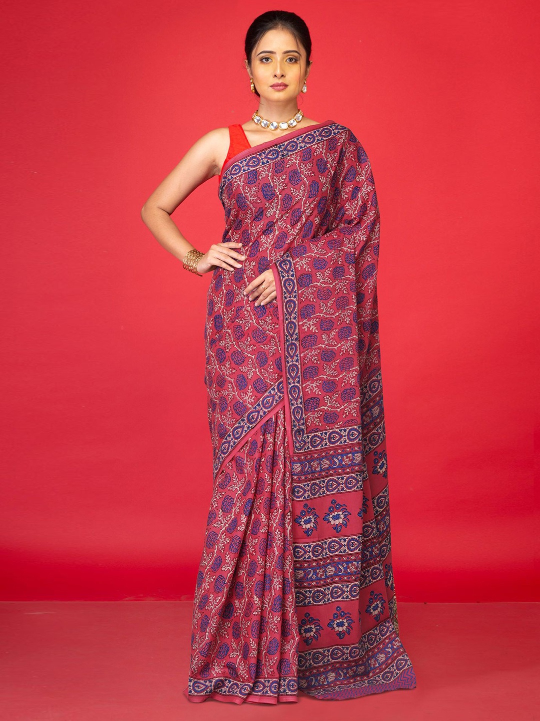 

Unnati Silks Ethnic Motifs Pure Cotton Handloom Block Print Saree, Pink