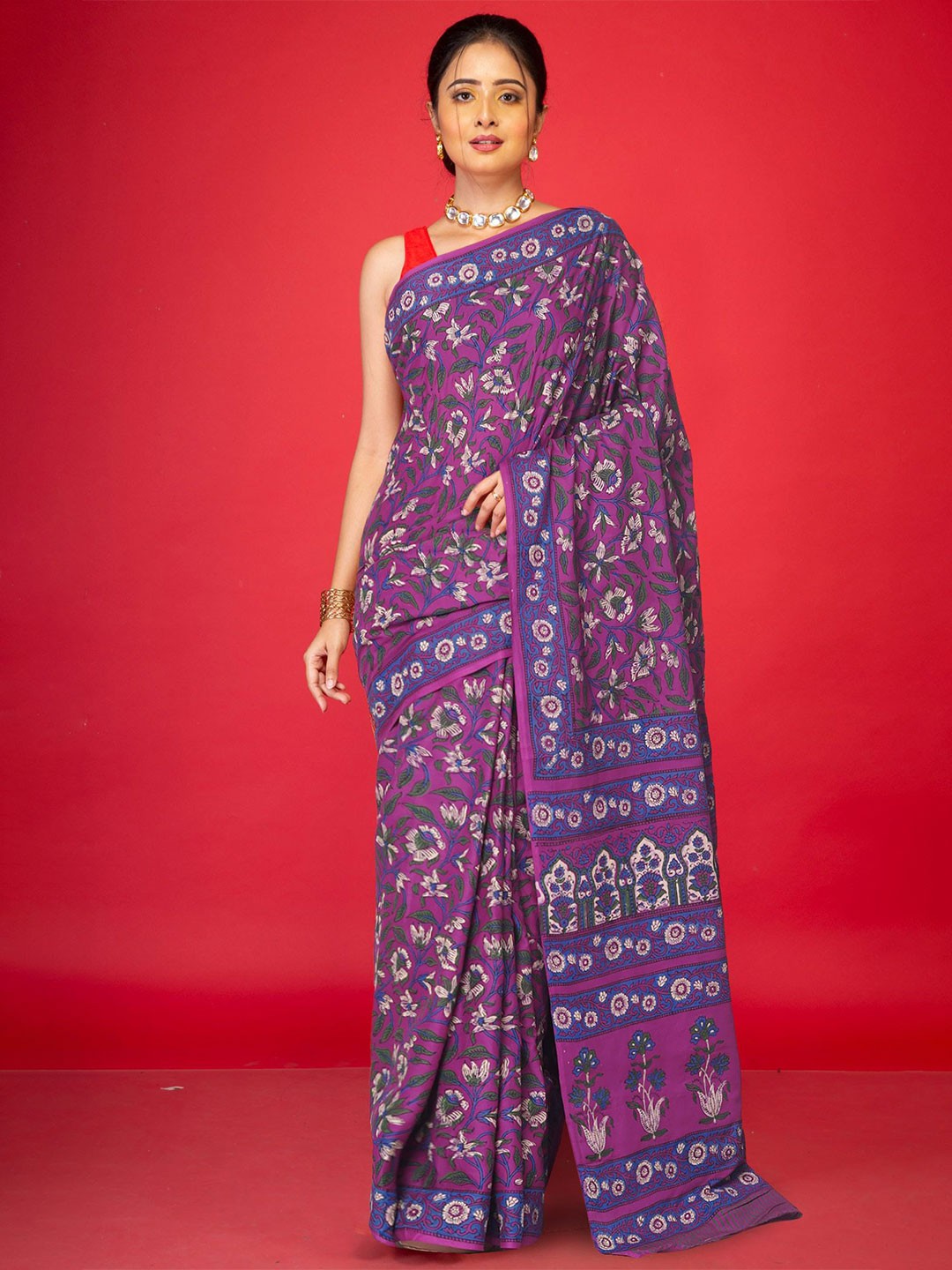 

Unnati Silks Pure Cotton Handloom Block Print Saree, Purple