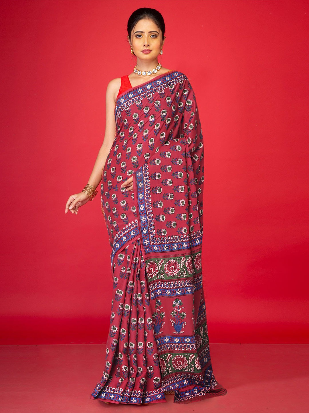 

Unnati Silks Ethnic Motifs Printed Pure Cotton Handloom Block Print Saree, Red