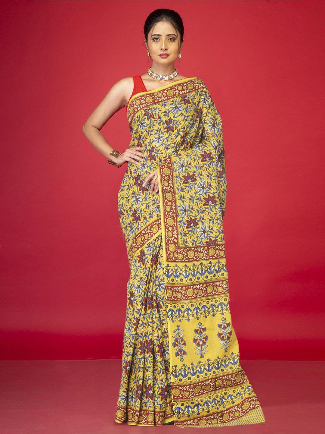 

Unnati Silks Floral Printed Zari Pure Cotton Block Print Saree, Yellow