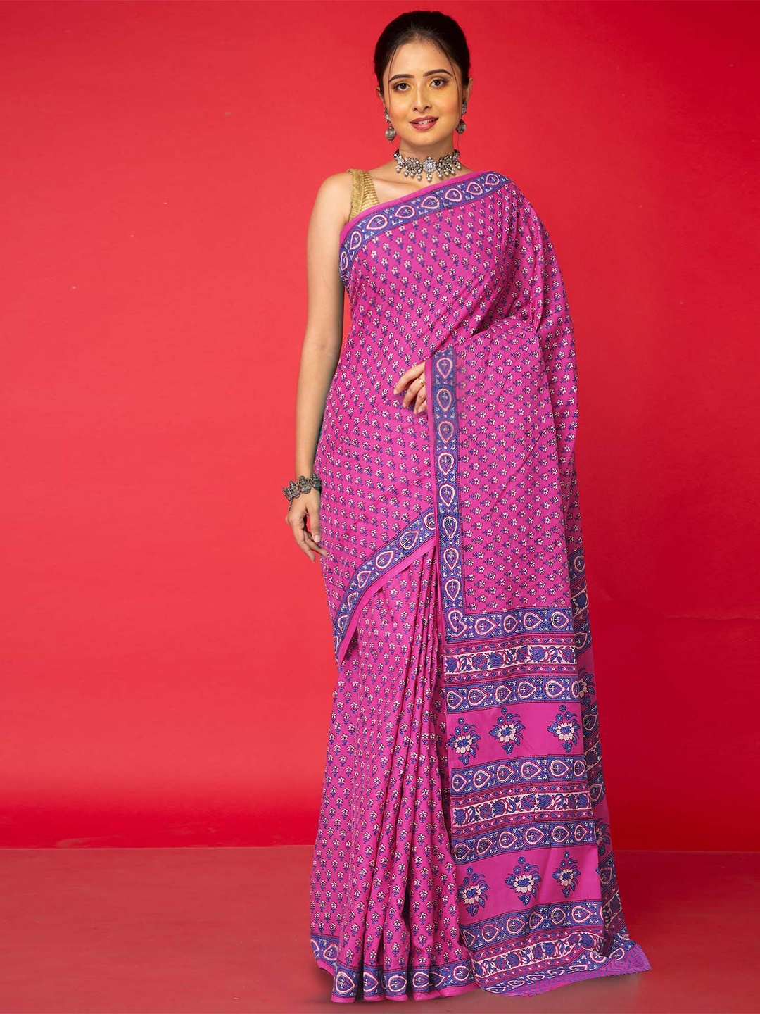 

Unnati Silks Ethnic Motifs Pure Cotton Handloom Block Print Saree, Pink
