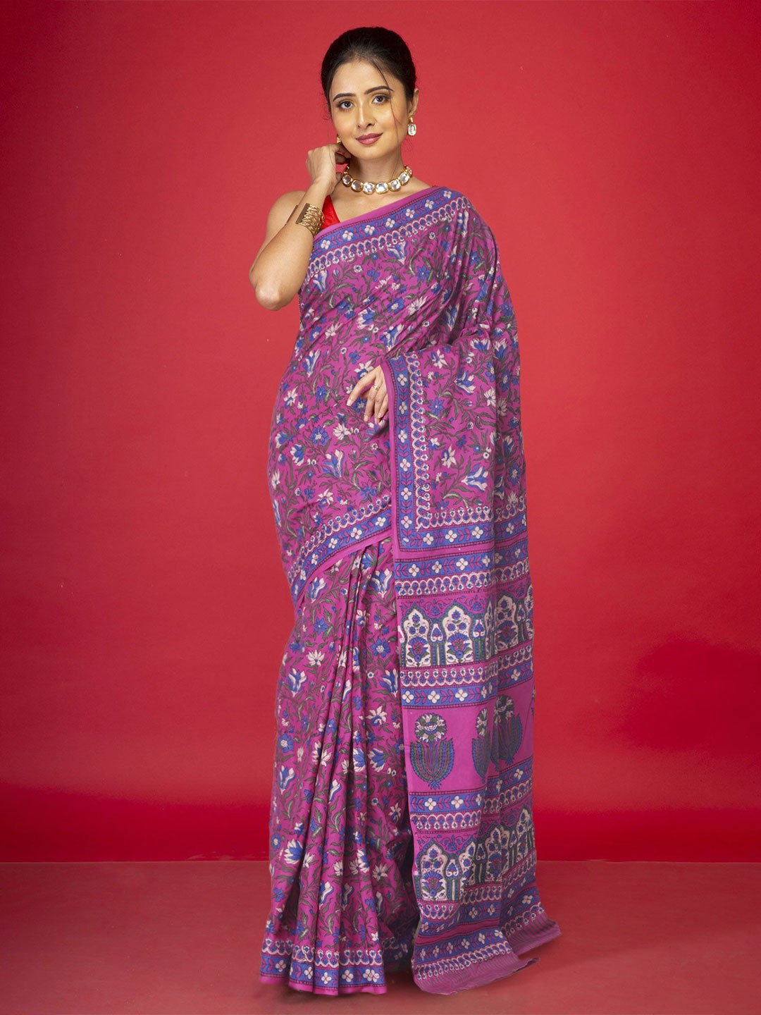 

Unnati Silks Floral Pure Cotton Handloom Block Print Saree, Pink