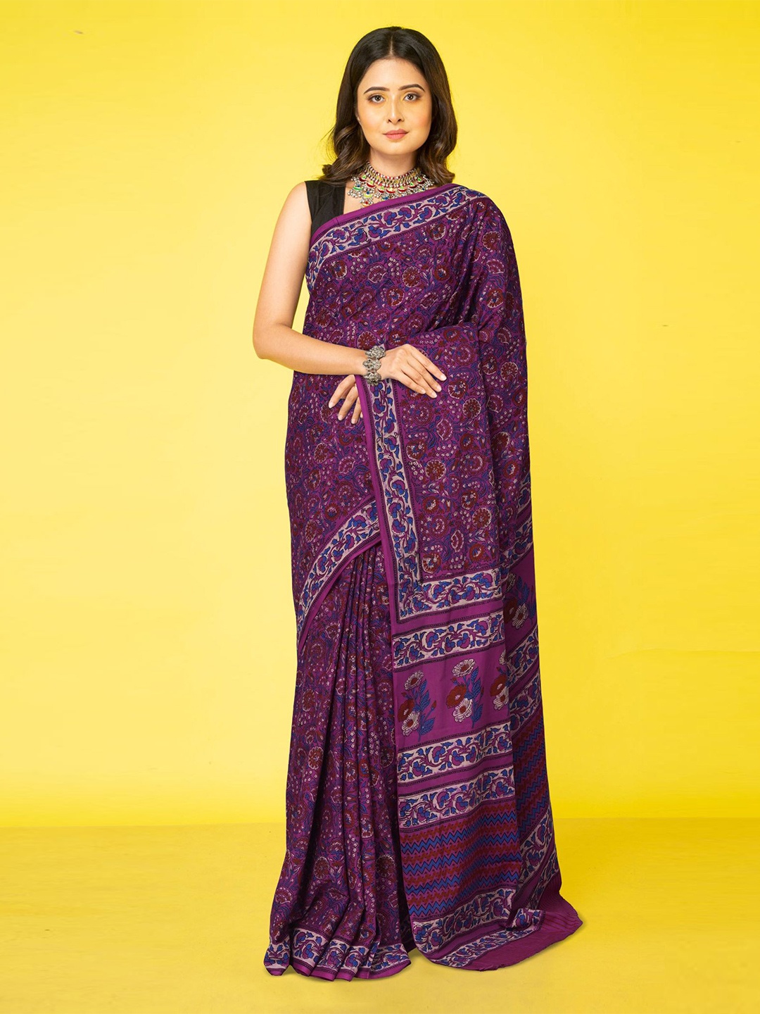 

Unnati Silks Floral Pure Cotton Handloom Block Print Saree, Purple