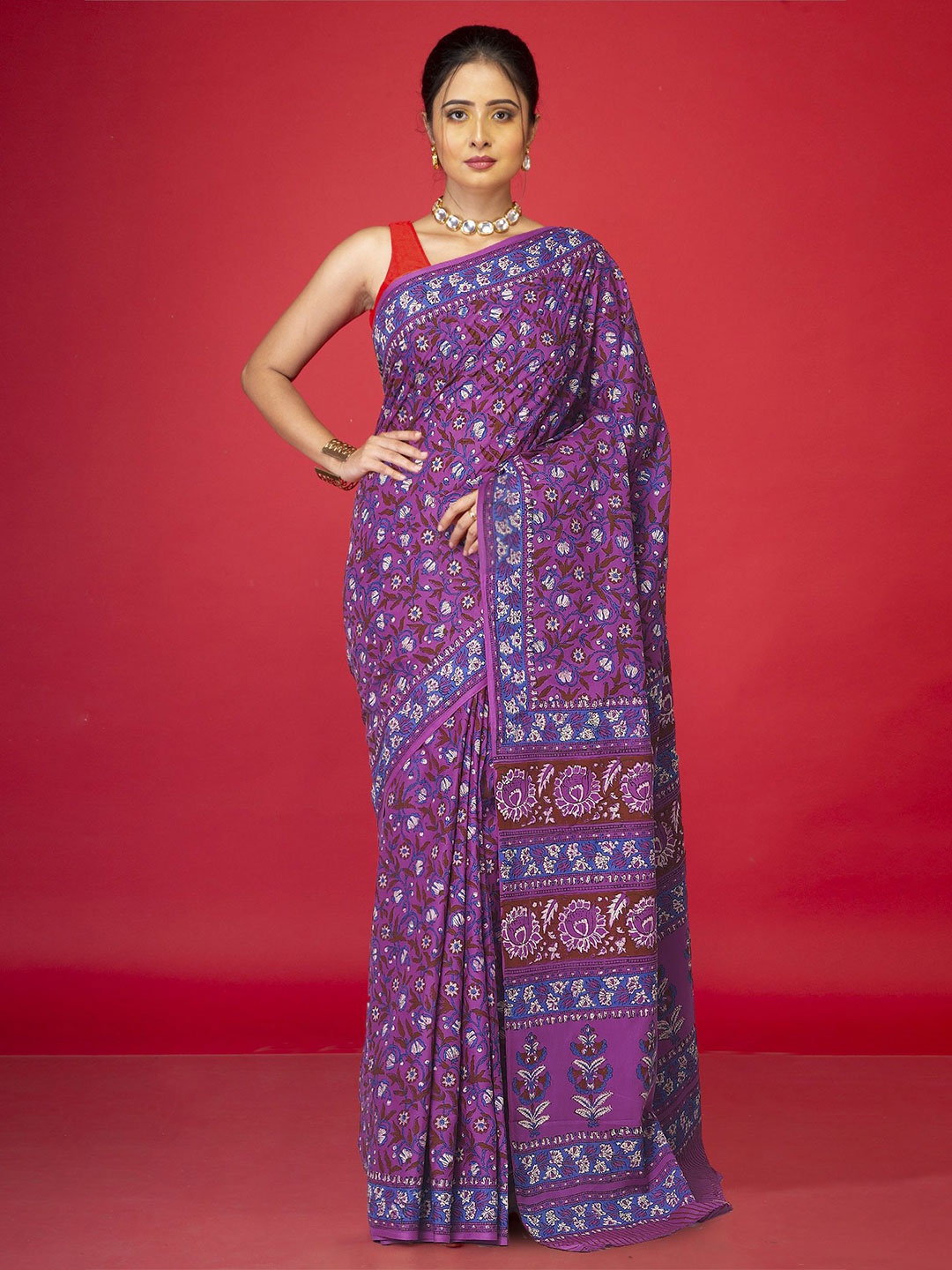 

Unnati Silks Ethnic Motifs Cotton Handloom Block Print Saree, Purple