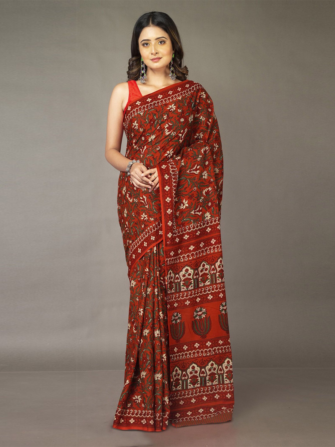 

Unnati Silks Ethnic Motifs Pure Cotton Handloom Block Print Saree, Orange