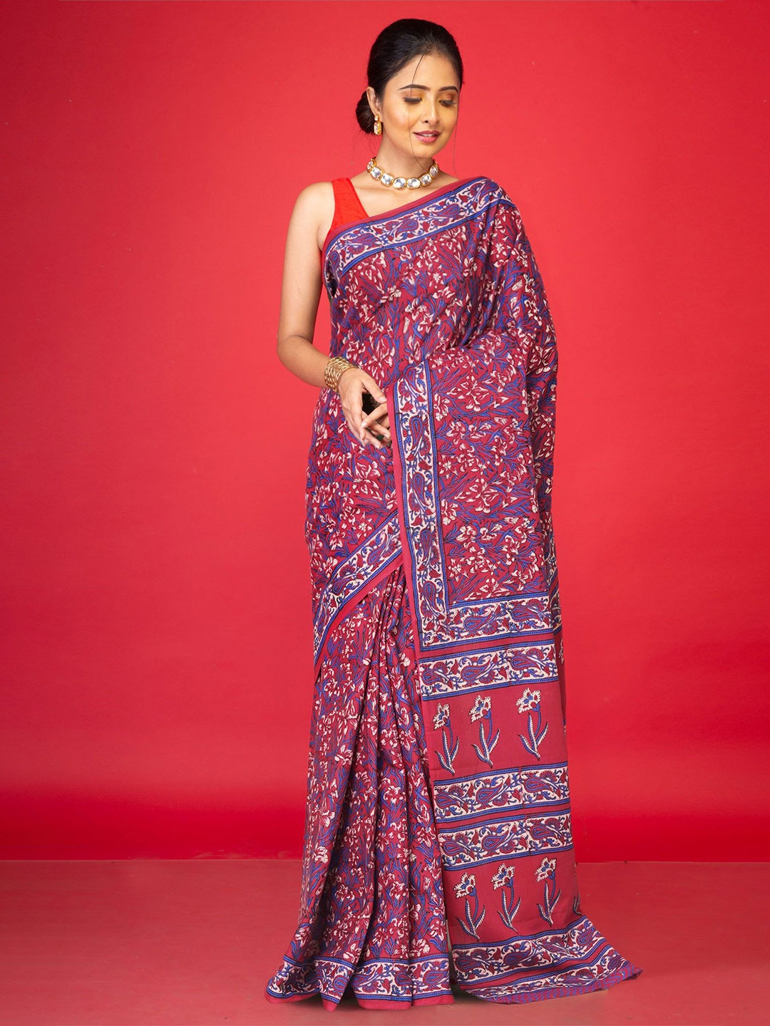 

Unnati Silks Ethnic Motifs Pure Cotton Block Print Saree, Red