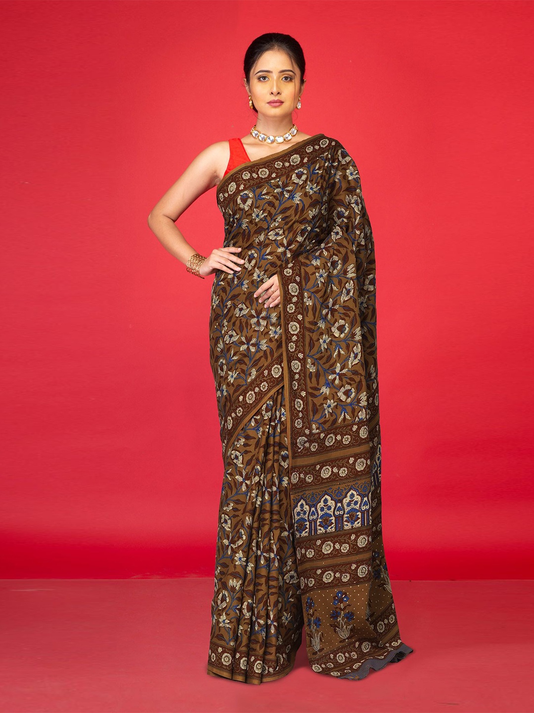 

Unnati Silks Ethnic Motifs Pure Cotton Block Print Saree, Brown