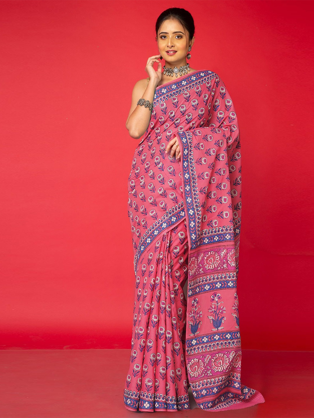 

Unnati Silks Pure Cotton Handloom Block Print Saree, Pink