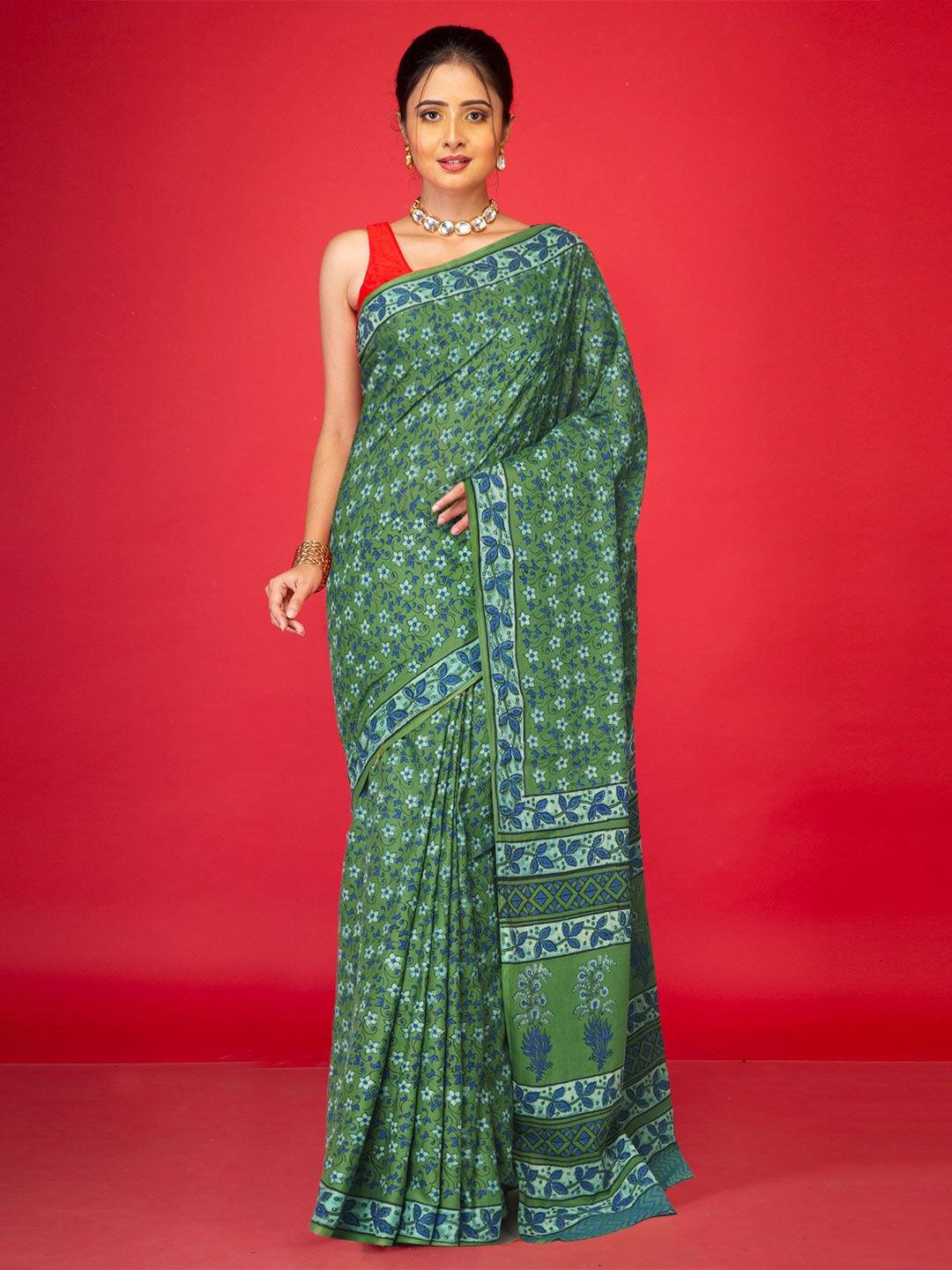 

Unnati Silks Floral Pure Cotton Handloom Block Print Saree, Green
