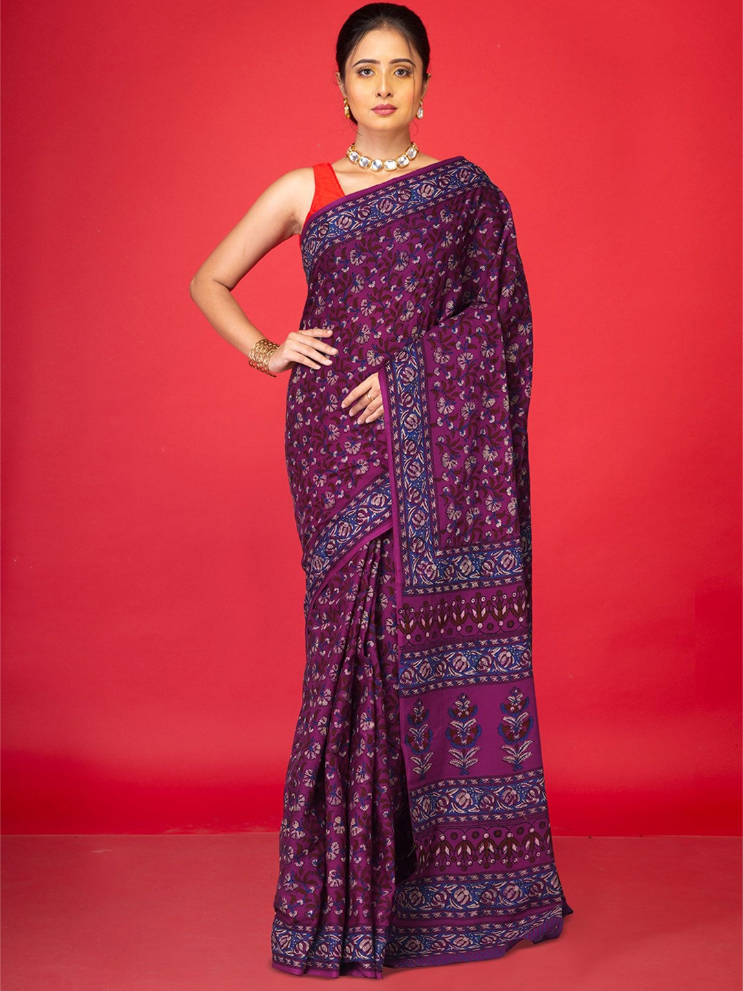 

Unnati Silks Floral Printed Pure Cotton Handloom Saree, Purple