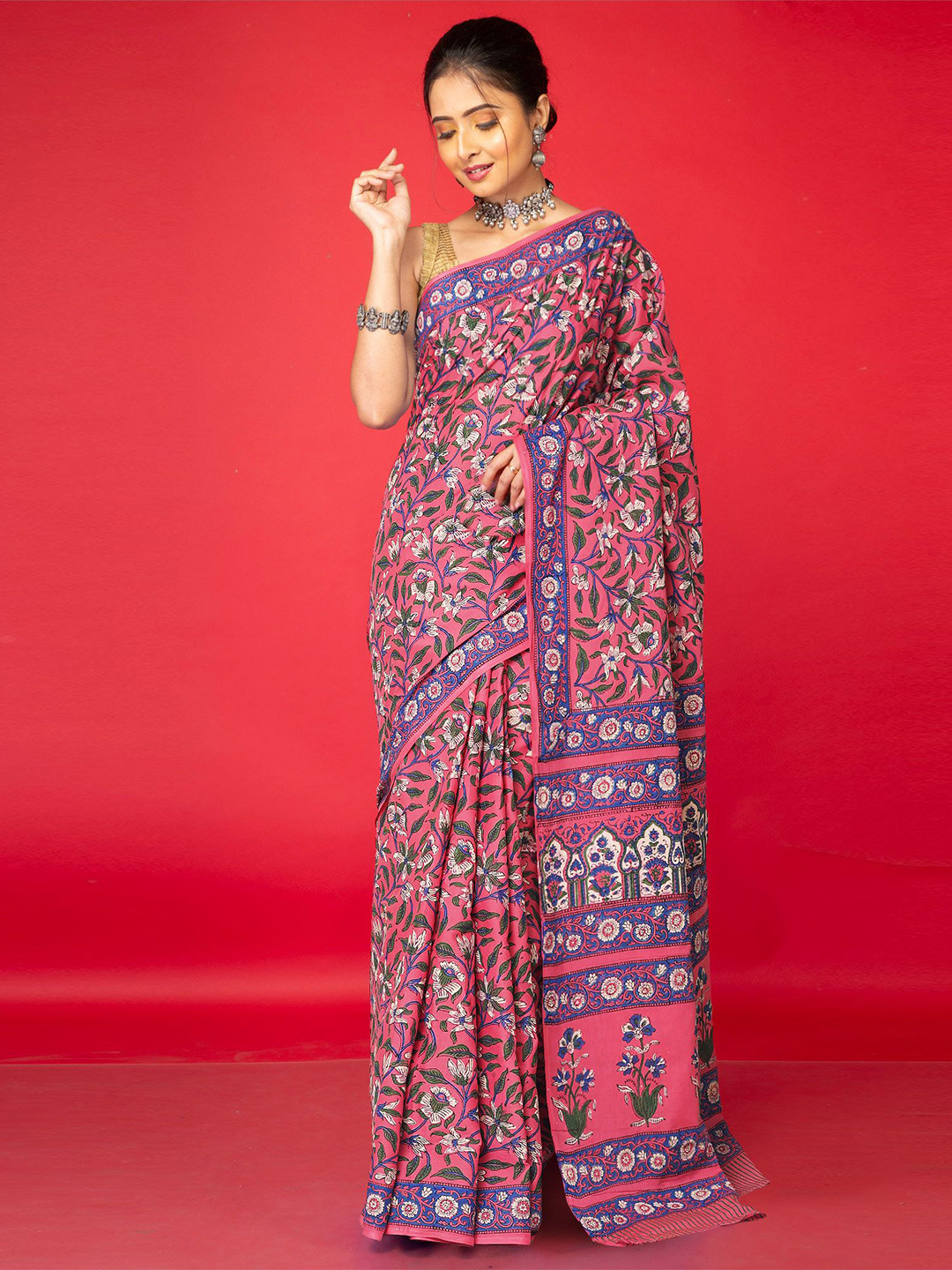 

Unnati Silks Floral Pure Cotton Handloom Block Print Saree, Pink