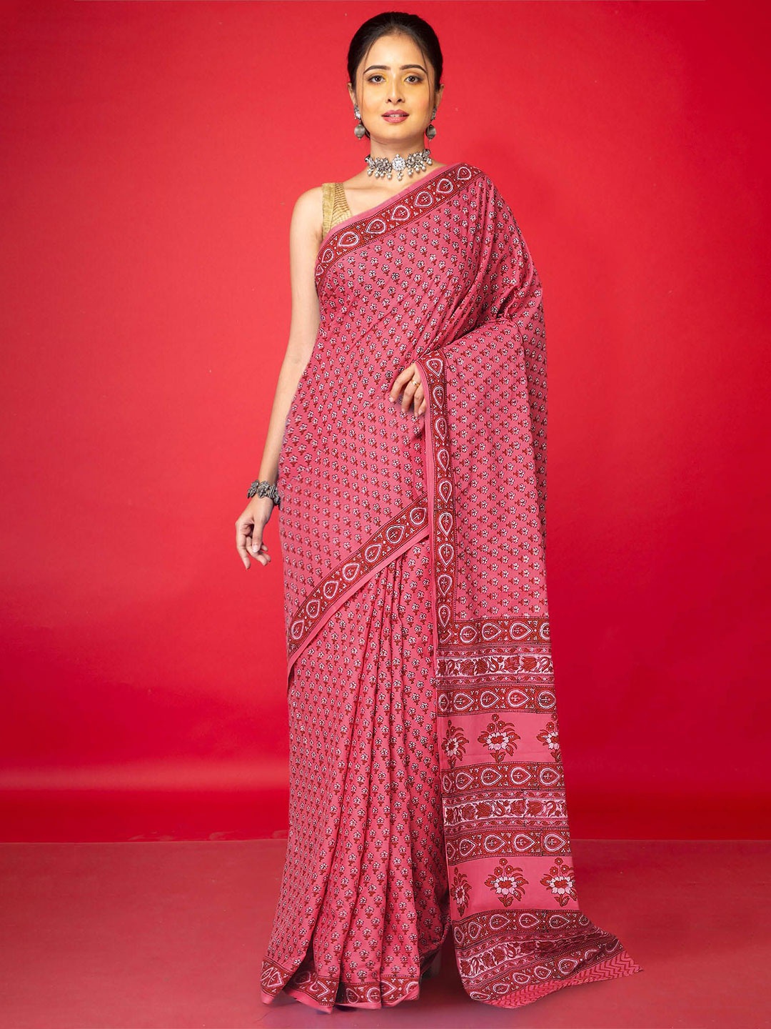 

Unnati Silks Floral Printed Pure Cotton Handloom Block Print Saree, Pink
