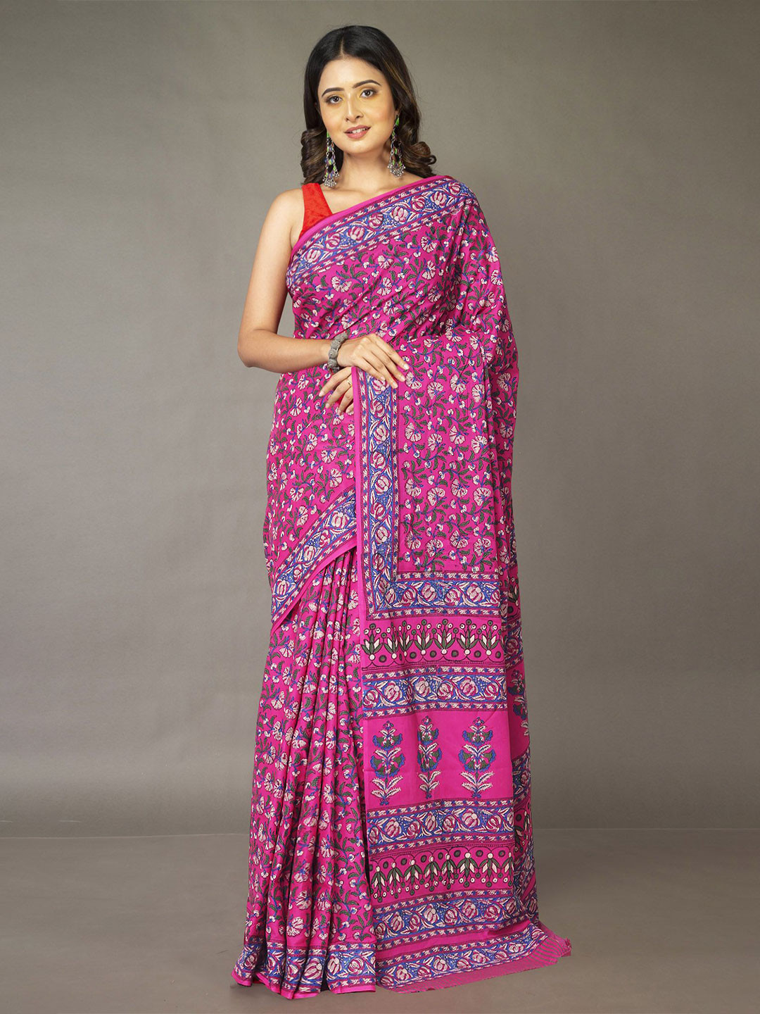 

Unnati Silks Floral Printed Pure Cotton Handloom Block Print Saree, Pink
