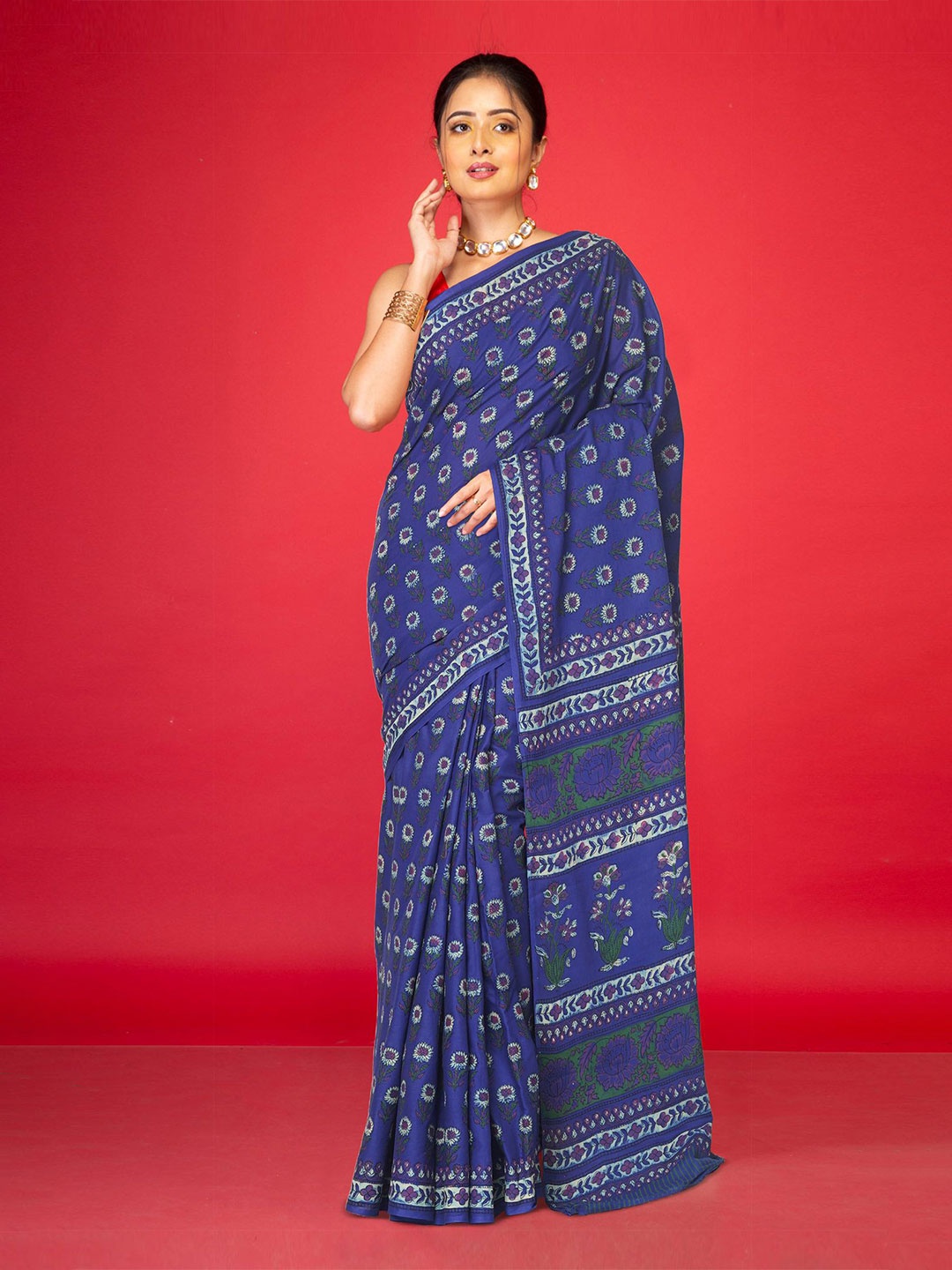 

Unnati Silks Floral Printed Pure Cotton Handloom Block Print Saree, Blue