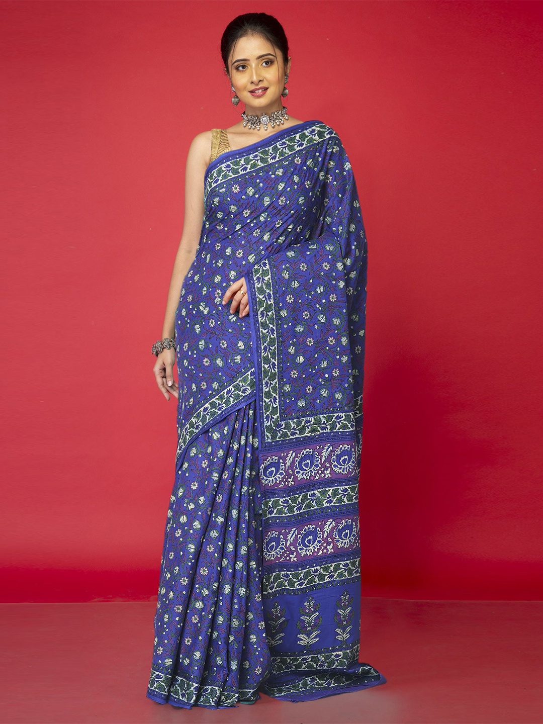 

Unnati Silks Floral Pure Cotton Block Print Saree, Blue