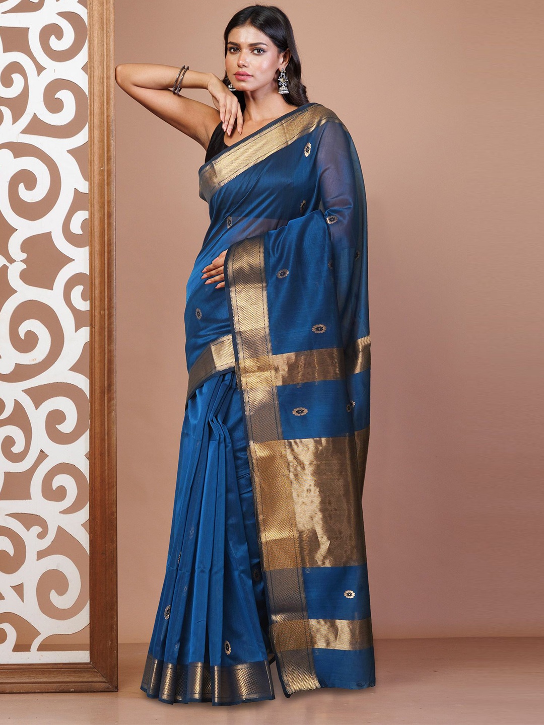 

Unnati Silks Ethnic Motifs Woven Design Zari Handloom Maheshwari Saree, Blue