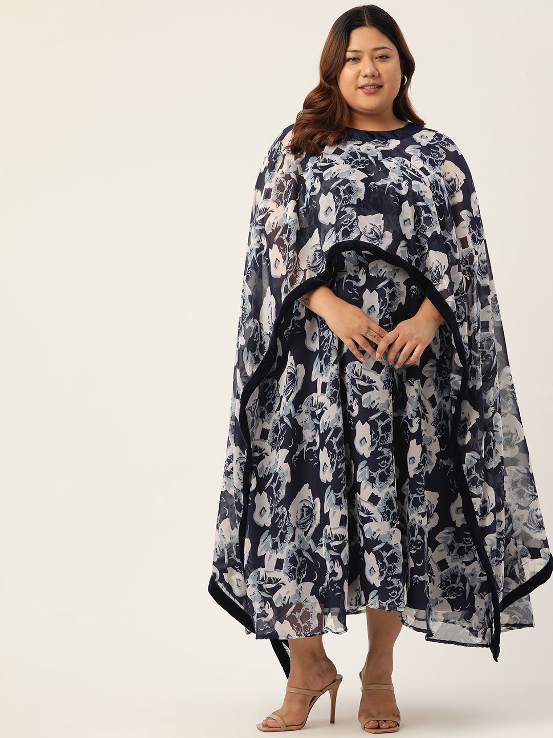 

theRebelinme Women Plus Size Floral Printed Layered A - Line Maxi Dress, Navy blue