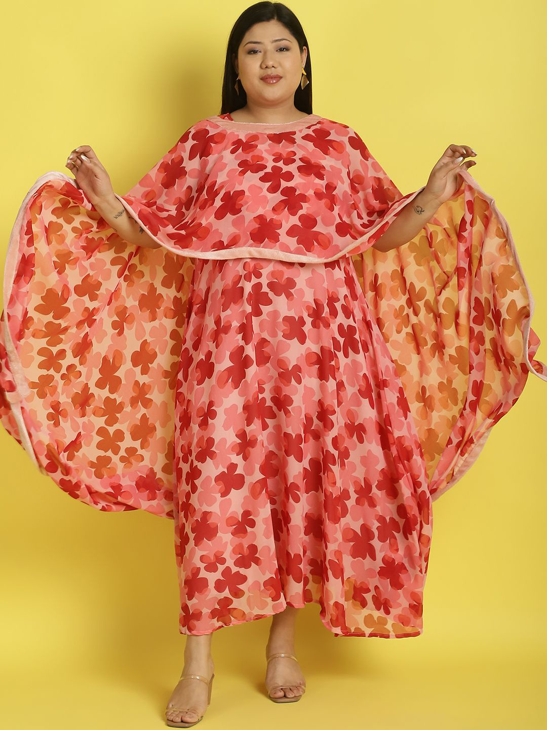 

theRebelinme Plus Size Floral Printed Georgette A-Line Maxi Dress With Cape, Pink