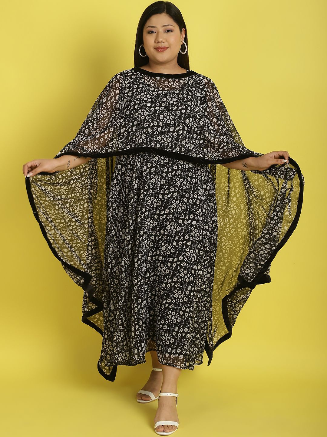 theRebelinme Women Floral Print Layered Georgette A-Line Maxi Plus Size Dress, Black