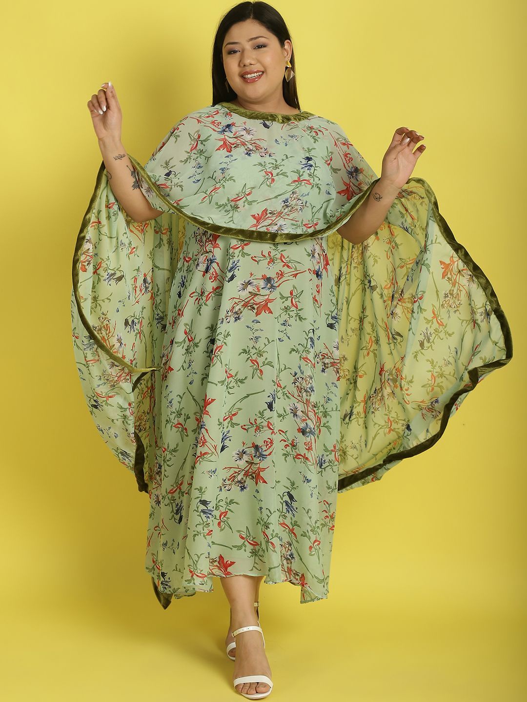theRebelinme Women Floral Printed Layered A-Line Maxi Dress, Green