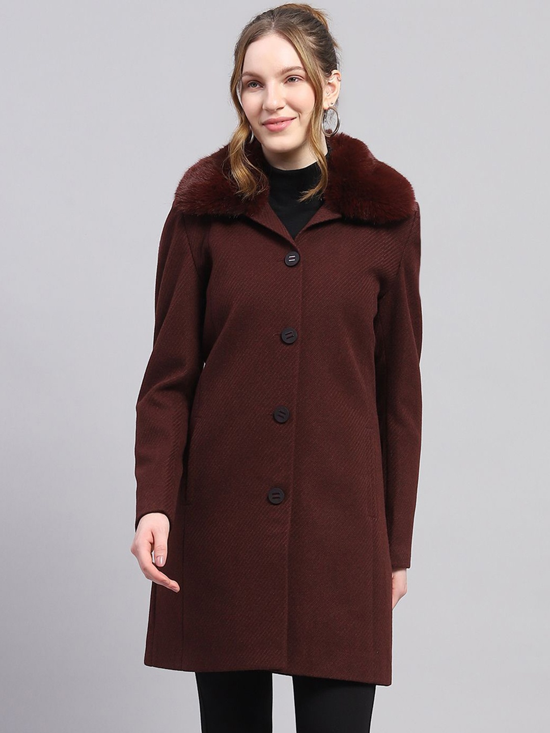 

Monte Carlo Women Self Design Notched Lapel Full Sleeve Overcoat, Maroon