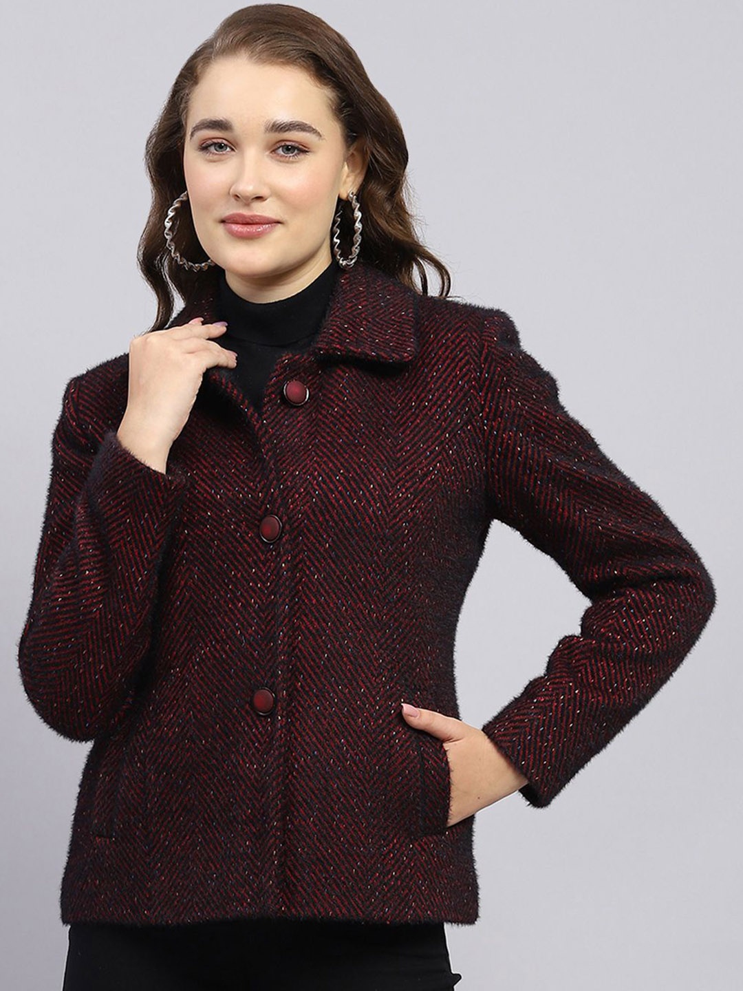 

Monte Carlo Women Regular Fit Self Design Overcoat, Maroon