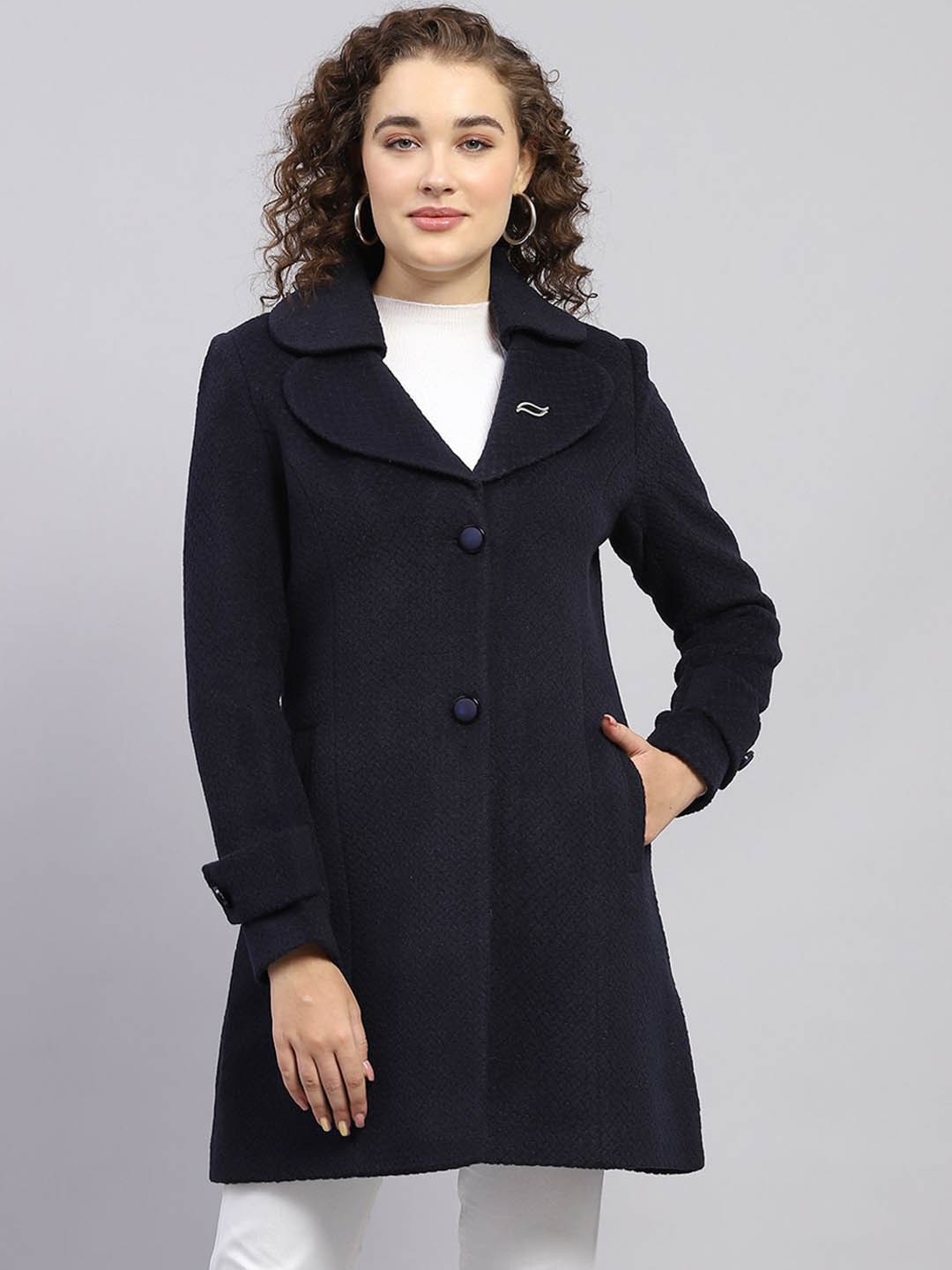 

Monte Carlo Women Self Designed Notched Lapel Single-Breasted Overcoat, Navy blue