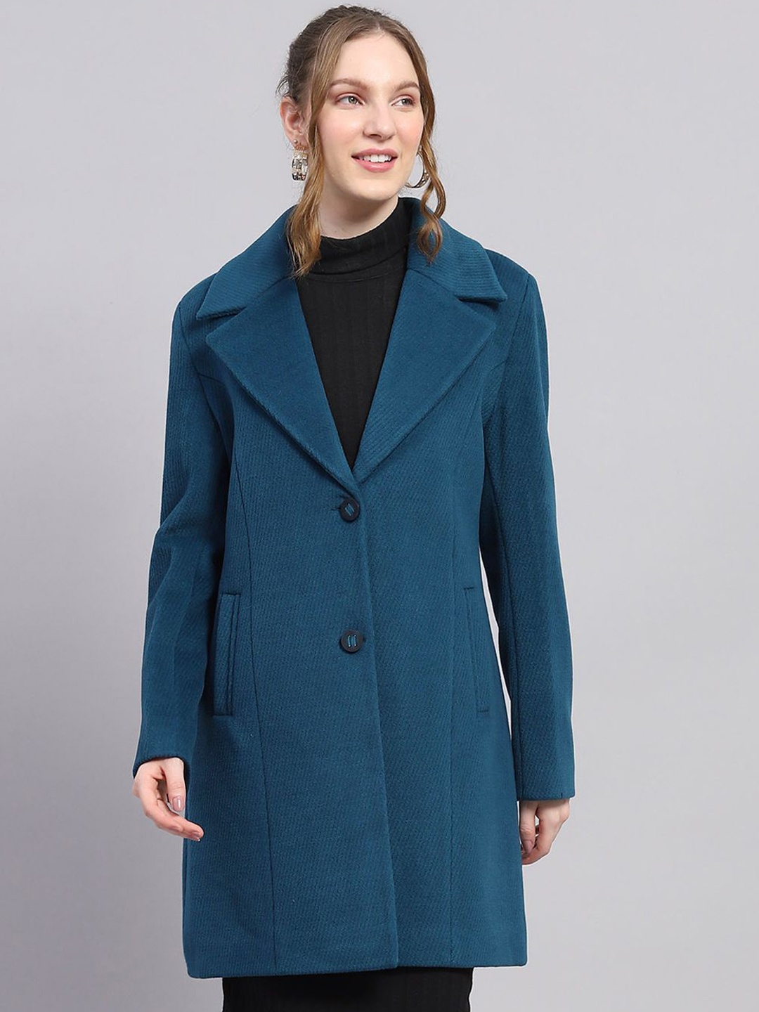 

Monte Carlo Women Self Designed Notched Lapel Single-Breasted Overcoat, Teal