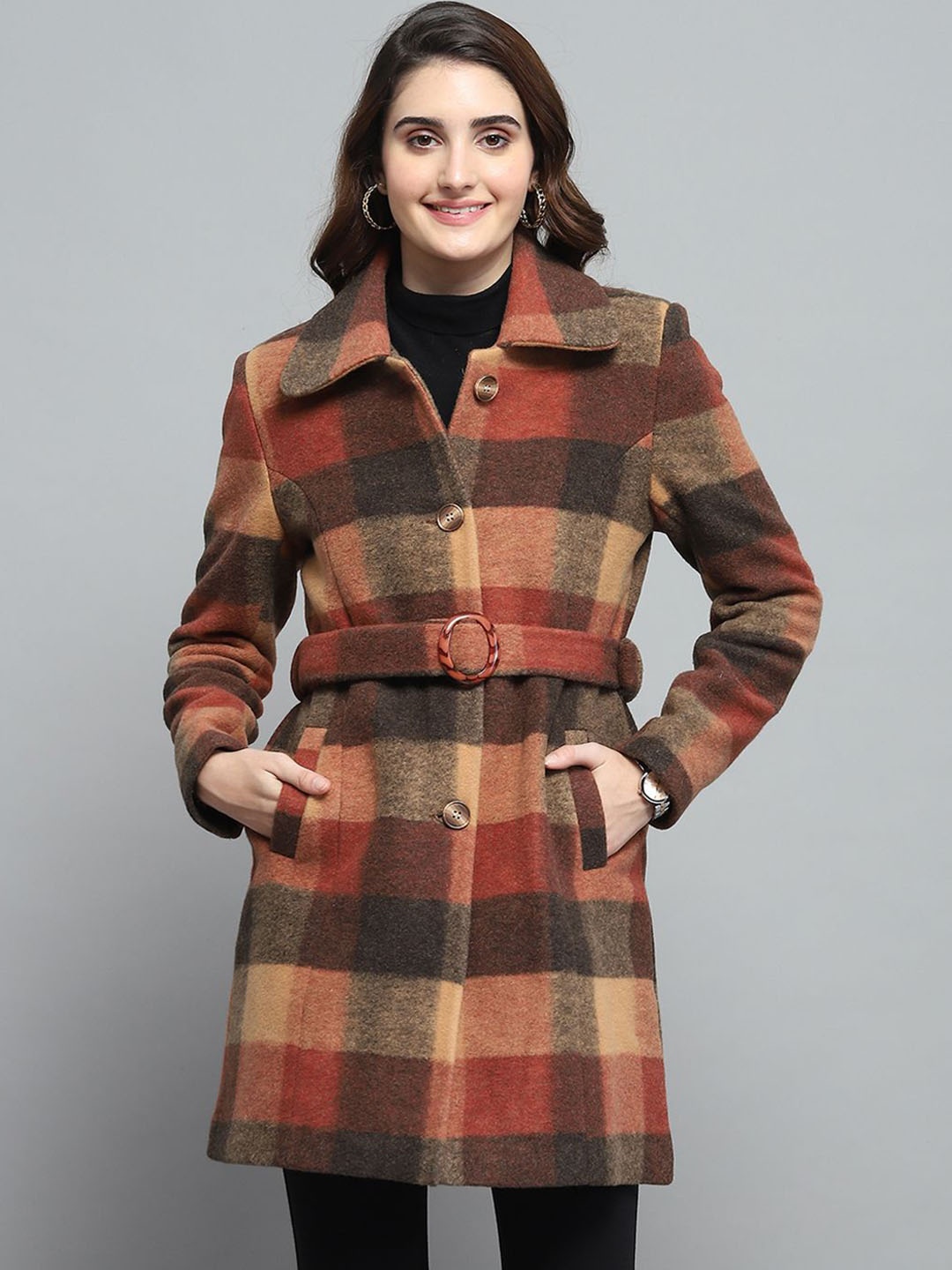 

Monte Carlo Women Checked Spread Collar Single-Breasted Overcoat, Rust